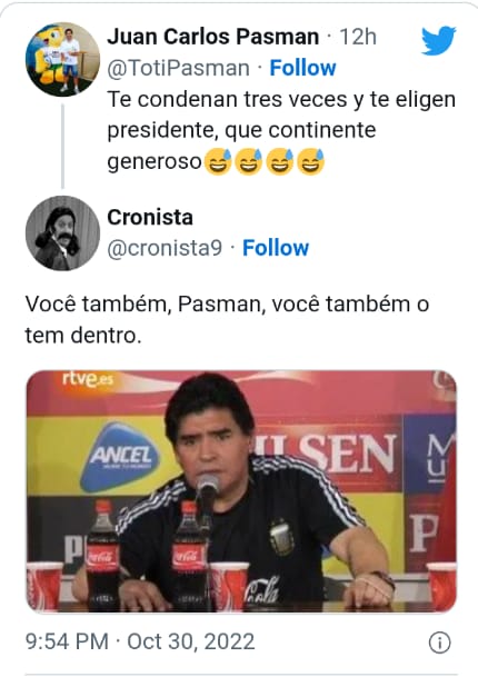 Toti Pasman criticó a los votantes de Lula, y le recordaron aquellas proféticas palabras de Diego, pero en portugués: “Você também o tem dentro”