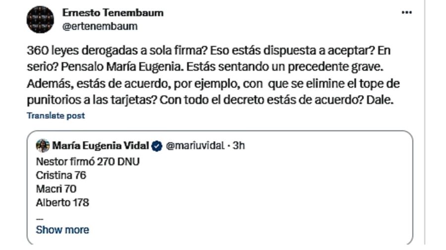 Tenembaum cruzó a María Eugenia Vidal por su defensa del DNU de Milei: “¿Qué diría si lo hubiera firmado CFK?”