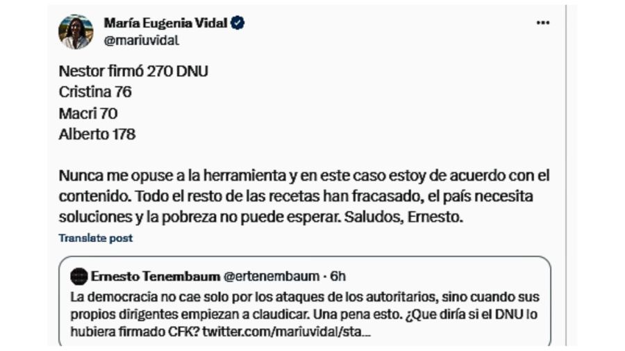 Tenembaum cruzó a María Eugenia Vidal por su defensa del DNU de Milei: “¿Qué diría si lo hubiera firmado CFK?”